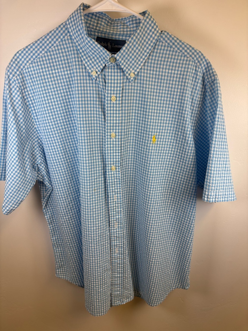 RALPH LAUREN SHIRT SHORT SLEEVES SEERSUCKER MEN SIZE XL  LT BLUE & WHITE GINGHAM